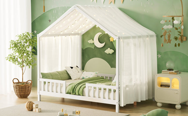 English Elm Montessori House Bed Frame Twin with Canopy & Full Guardrails, Cozy Kids Platform Bed for Toddlers White 77.8 L x 17.25 W x 7 H N733P356048K