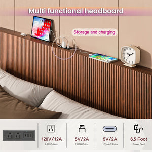 English Elm Oak Queen Floating Bed Walnut Finish Wavy Headboard Led Lighting Built in Charging W1820P408090