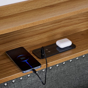 English Elm Twin Size Upholstery Sofa Bed With Led Lights & Storage Drawers, Wireless Charging, Grey Linen Design W1413S00055-GIGA