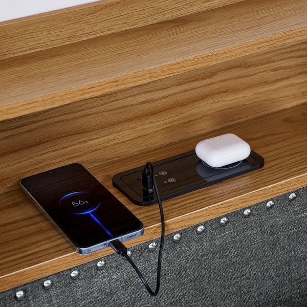 English Elm Twin Size Upholstery Sofa Bed With Led Lights & Storage Drawers, Wireless Charging, Grey Linen Design W1413S00055-GIGA