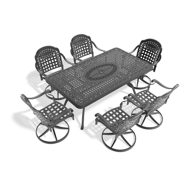 English Elm 7-Piece All-Weather Cast Aluminum Dining Set With 6 Swivel Chairs, Rectangular Table & Cushions W1710S00466