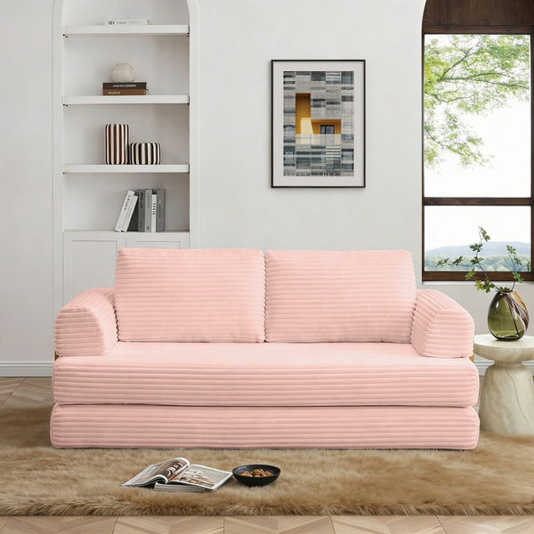 English Elm Convertible Floor Sofa Futon with Corduroy Upholstery for Living Room Lounging and Sleeping Pink W1117P434734