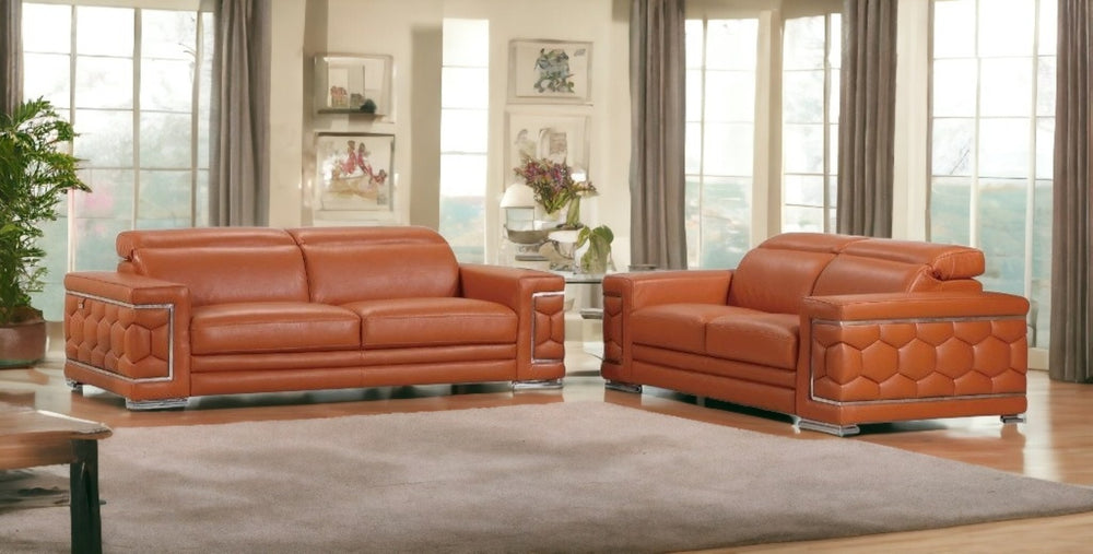 HomeRoots Two Piece Camel Italian Leather Seating Set for 5 - Stylish Comfort for Your Living Room Retreat 343841