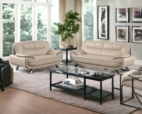 Homeroots Two Piece Indoor Beige Genuine Leather Five Person Seating Set   343856