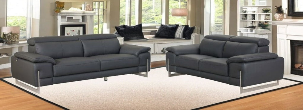 HomeRoots Two Piece Dark Gray Italian Leather Seating Set for 5 - Elegant, Comfortable, and Durable Design 343866