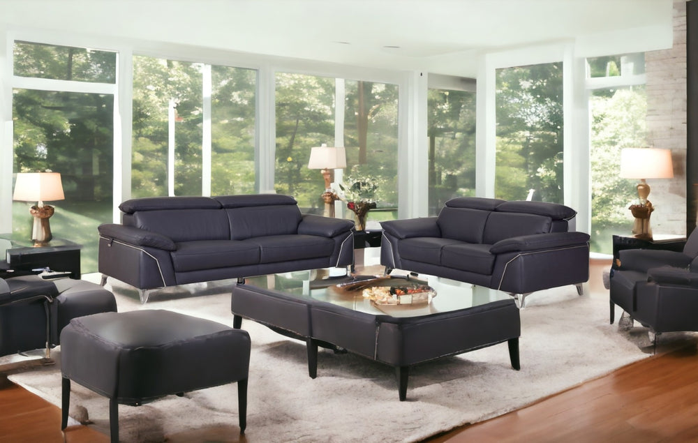 HomeRoots Two Piece Indoor Navy Blue Italian Leather Seating Set for 5 - Stylish Lounge Sofa & Loveseat 343869