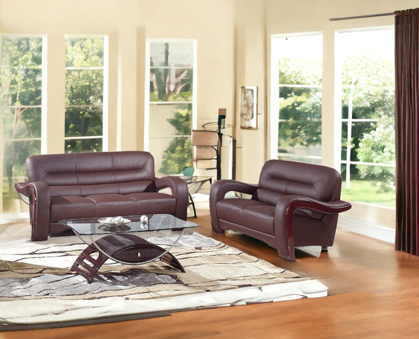 Homeroots Two Piece Indoor Brown Genuine Leather Five Person Seating Set   343873