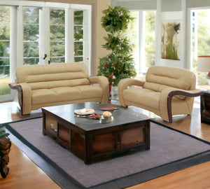 Homeroots Two Piece Indoor Beige Genuine Leather Five Person Seating Set   343874