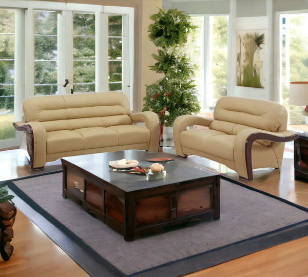 Homeroots Two Piece Indoor Beige Genuine Leather Five Person Seating Set   343874