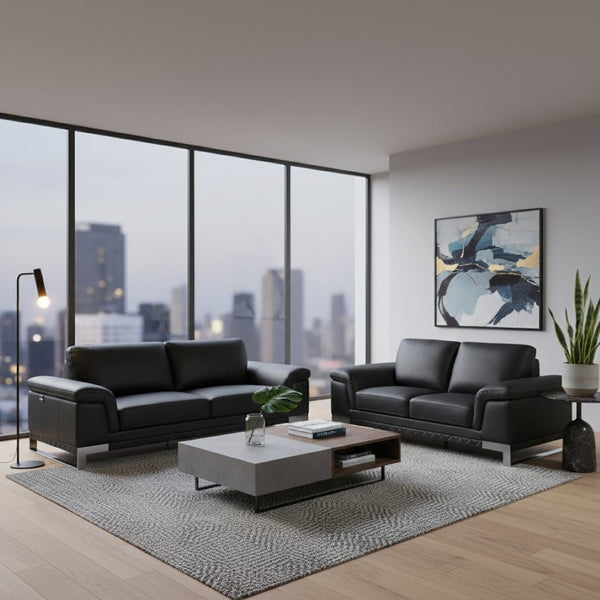 HomeRoots Two Piece Indoor Black Italian Leather Seating Set for 5 - Elegant Comfort for Your Living Room 343883