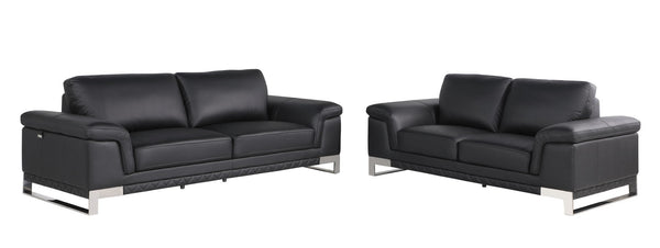 HomeRoots Two Piece Indoor Black Italian Leather Seating Set for 5 - Elegant Comfort for Your Living Room 343883