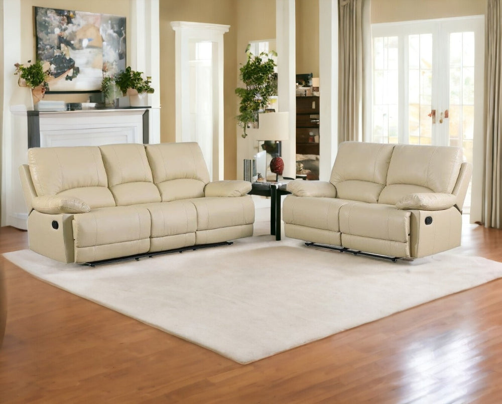 HomeRoots Two Piece Indoor Beige Faux Leather Seating Set for 5 – Comfortable, Stylish, and Space-Saving! 343900
