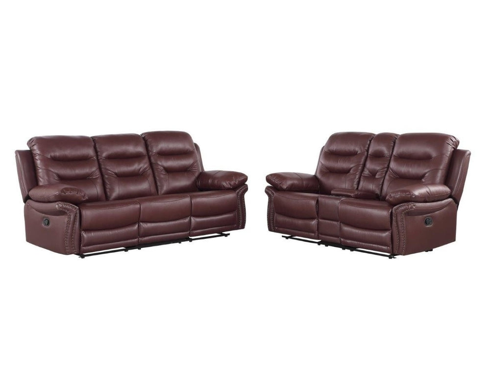 HomeRoots Two Piece Indoor Burgundy Faux Leather Reclining Sofa & Loveseat Seating Set for 5 People 343902
