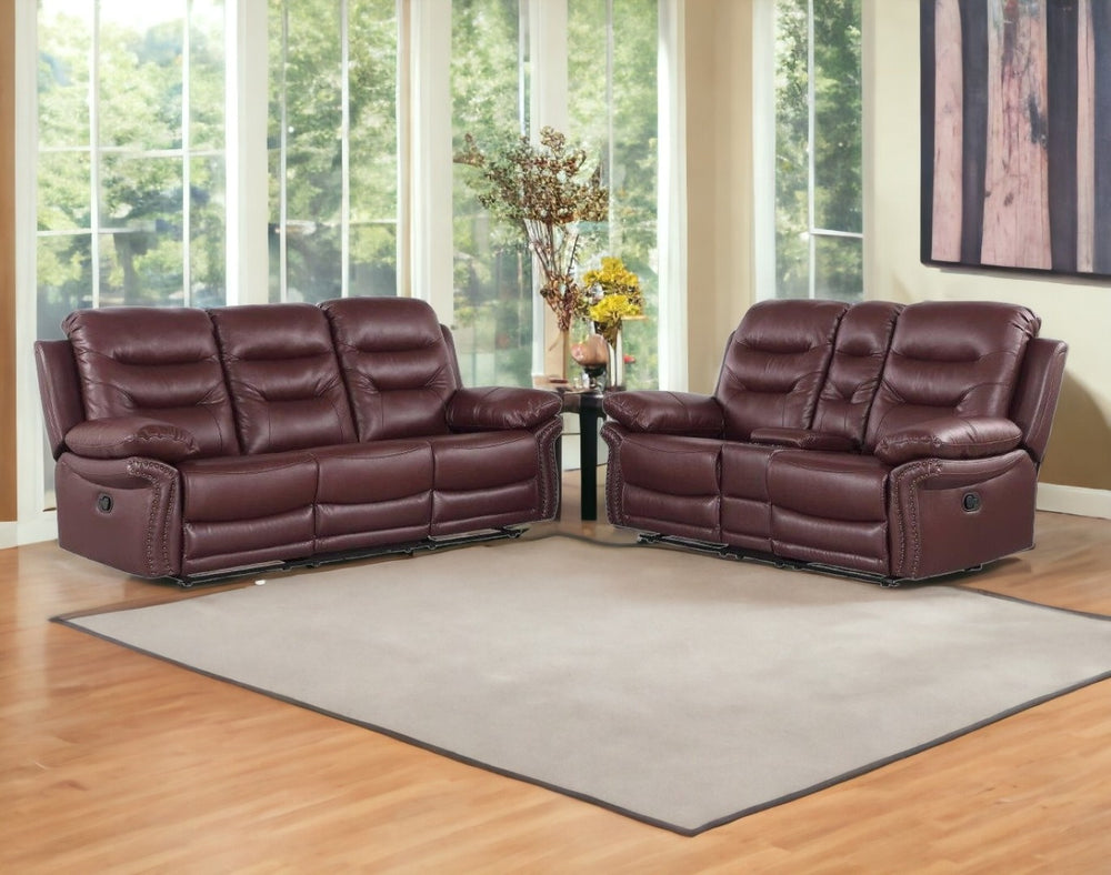 HomeRoots Two Piece Indoor Burgundy Faux Leather Reclining Sofa & Loveseat Seating Set for 5 People 343902