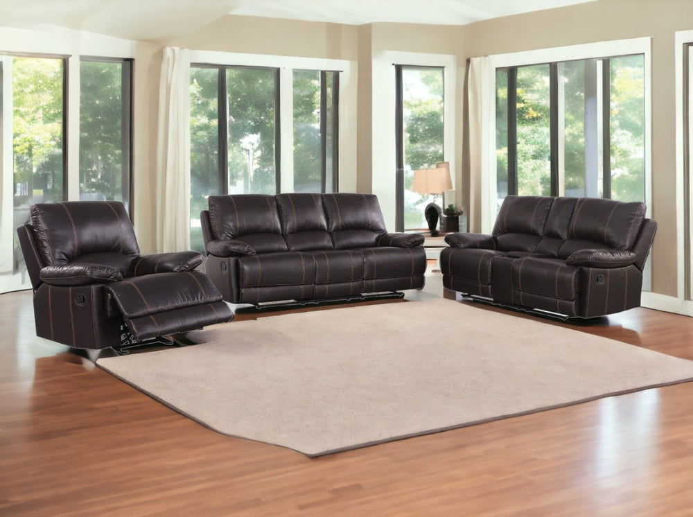 HomeRoots Three Piece Brown Faux Leather Seating Set for 5 - Reclining Comfort with Storage for Modern Living 343903