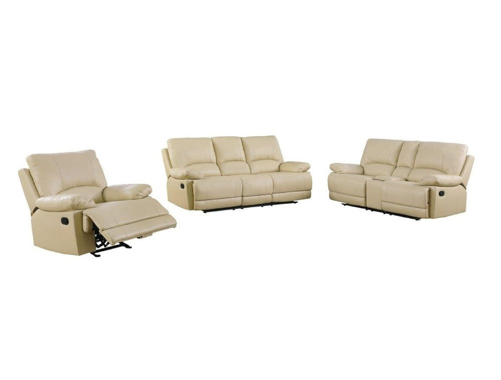 HomeRoots Three Piece Indoor Beige Faux Leather Seating Set for 5 - Reclining, Storage & Comfort Design 343904