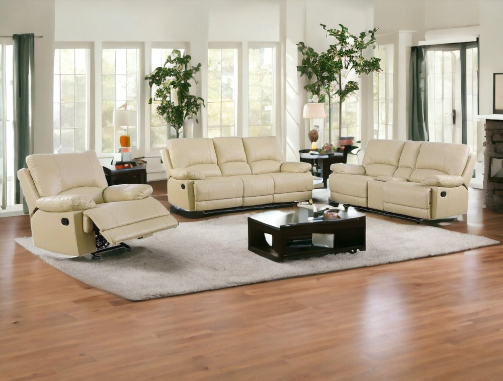HomeRoots Three Piece Indoor Beige Faux Leather Seating Set for 5 - Reclining, Storage & Comfort Design 343904