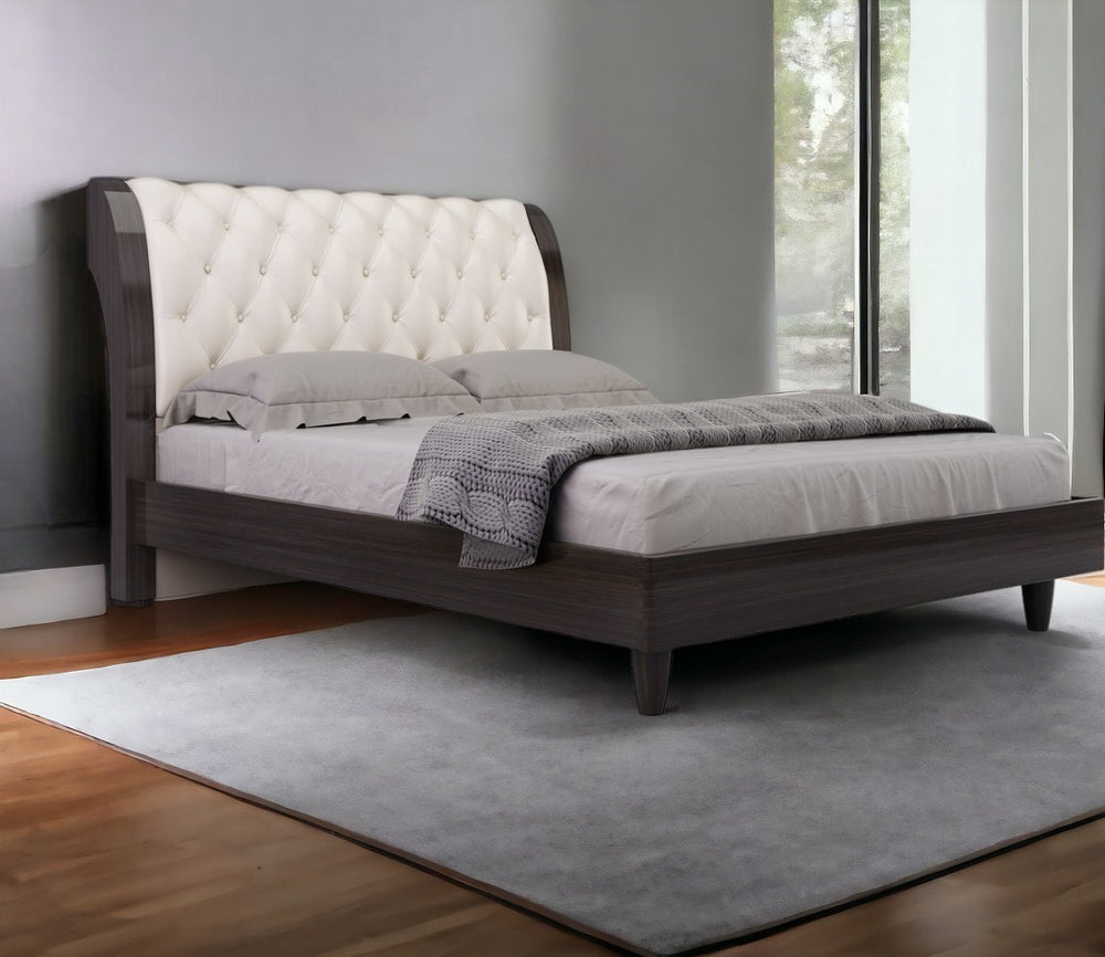 Homeroots Solid Wood King Tufted Beige Upholstered Faux Leather Bed With Nailhead Trim  Solid Manufactured Wood 343920