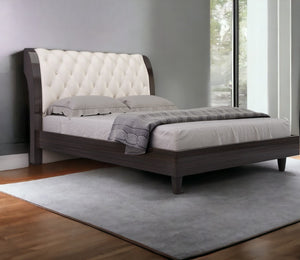 Homeroots Solid Wood King Tufted Beige Upholstered Faux Leather Bed With Nailhead Trim  Solid Manufactured Wood 343920