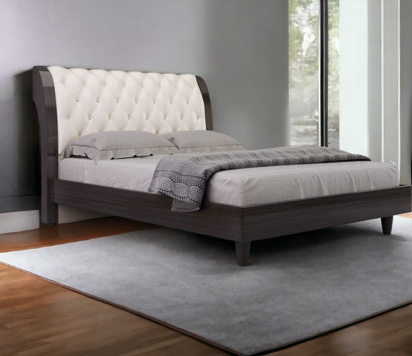 Homeroots Solid Wood King Tufted Beige Upholstered Faux Leather Bed With Nailhead Trim  Solid Manufactured Wood 343920
