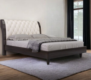 Homeroots Solid Wood King Tufted Beige Upholstered Faux Leather Bed With Nailhead Trim  Solid Manufactured Wood 343921