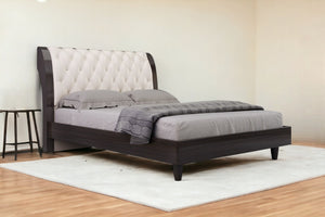 Homeroots Solid Wood Queen Tufted Beige Upholstered Faux Leather Bed With Nailhead Trim  Solid Manufactured Wood 343937