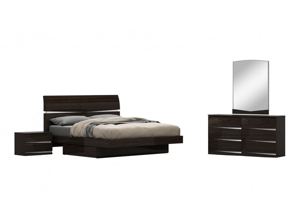 Homeroots 80" X 60"  X 42.5" 4pc Queen Modern Wenge High Gloss Bedroom Set Wenge Solid Manufactured Wood 343942