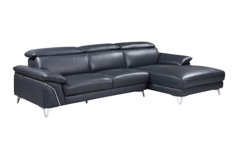 HomeRoots Navy Italian Leather L-Shaped Sectional Sofa with Chaise - Elegant Comfort for Modern Living Spaces NAVY BLUE 343949