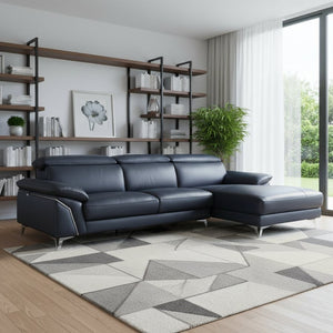 HomeRoots Navy Italian Leather L-Shaped Sectional Sofa with Chaise - Elegant Comfort for Modern Living Spaces NAVY BLUE 343949