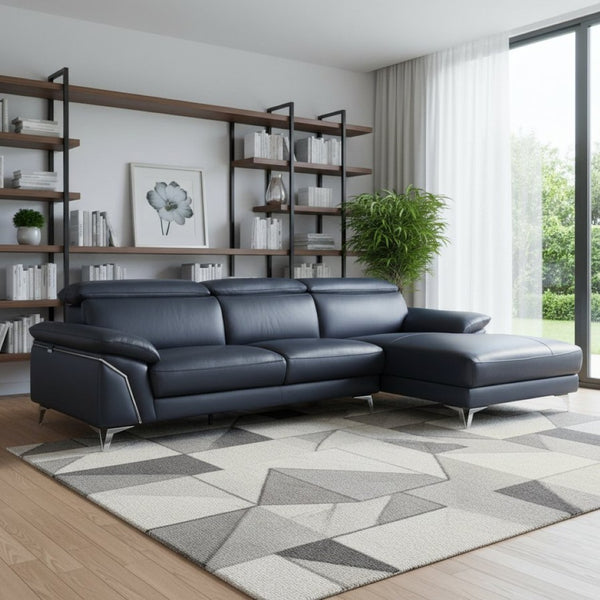 HomeRoots Navy Italian Leather L-Shaped Sectional Sofa with Chaise - Elegant Comfort for Modern Living Spaces NAVY BLUE 343949