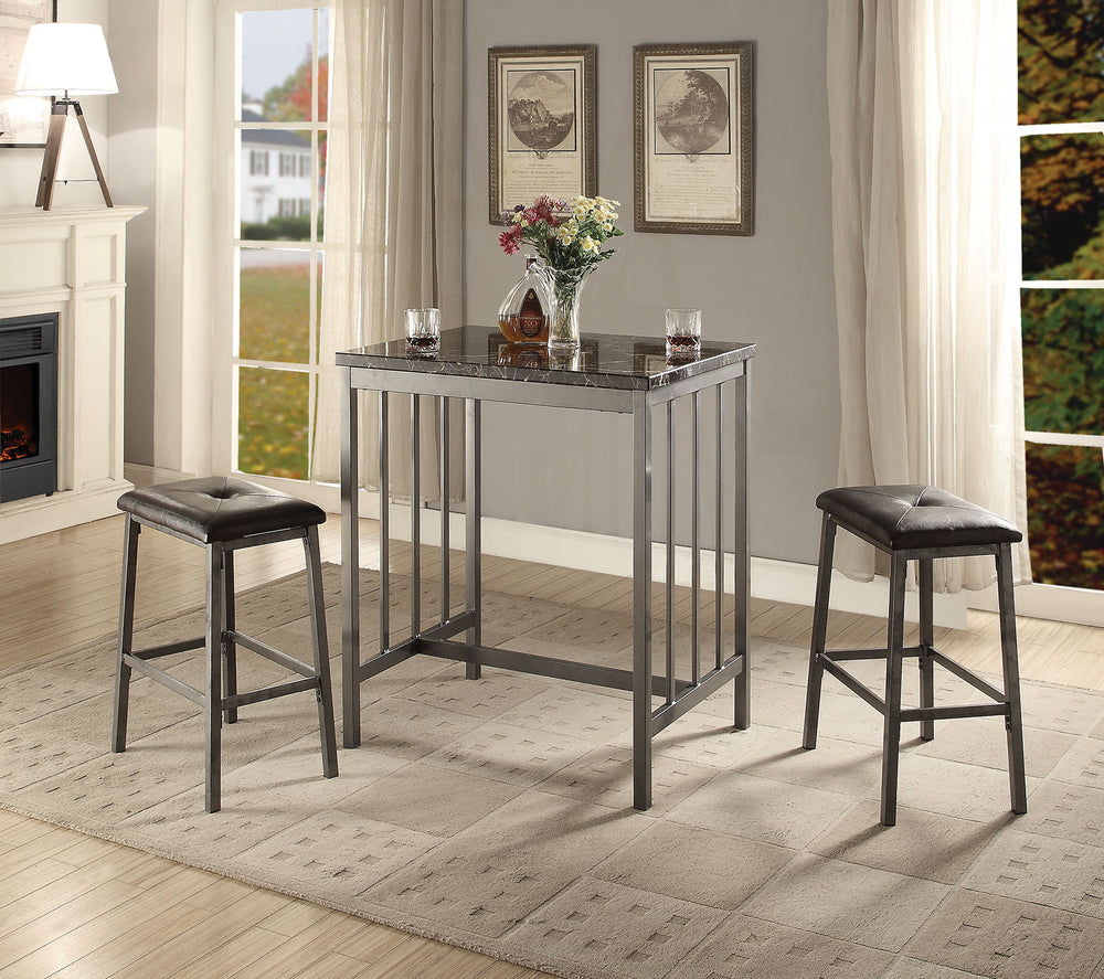 Homeroots 3 Piece Counter Height Set In Faux Marble Gray And Black  Metal 343963