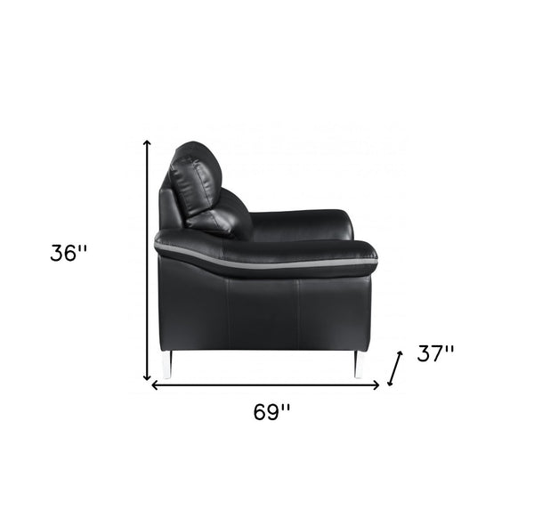 HomeRoots Three Piece Indoor Black Genuine Leather Seating Set for 6 - Luxurious Comfort & Modern Style 69" X 36" X 40" 343973