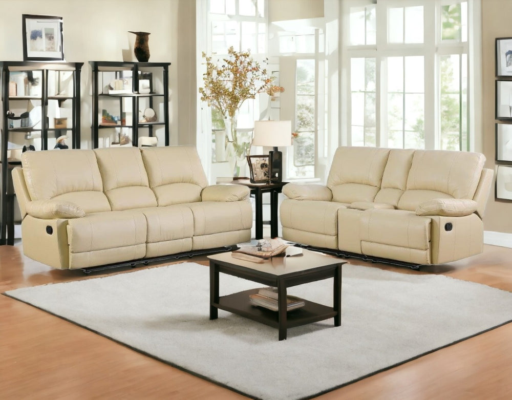 HomeRoots Two Piece Indoor Beige Faux Leather Seating Set for 5 - Stylish, Comfortable, and Easy to Maintain 343975