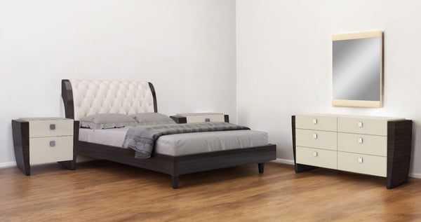 HomeRoots Four Piece Beige Bedroom Set with Mirror - Modern Solid Wood Furniture for Stylish Organization 343984