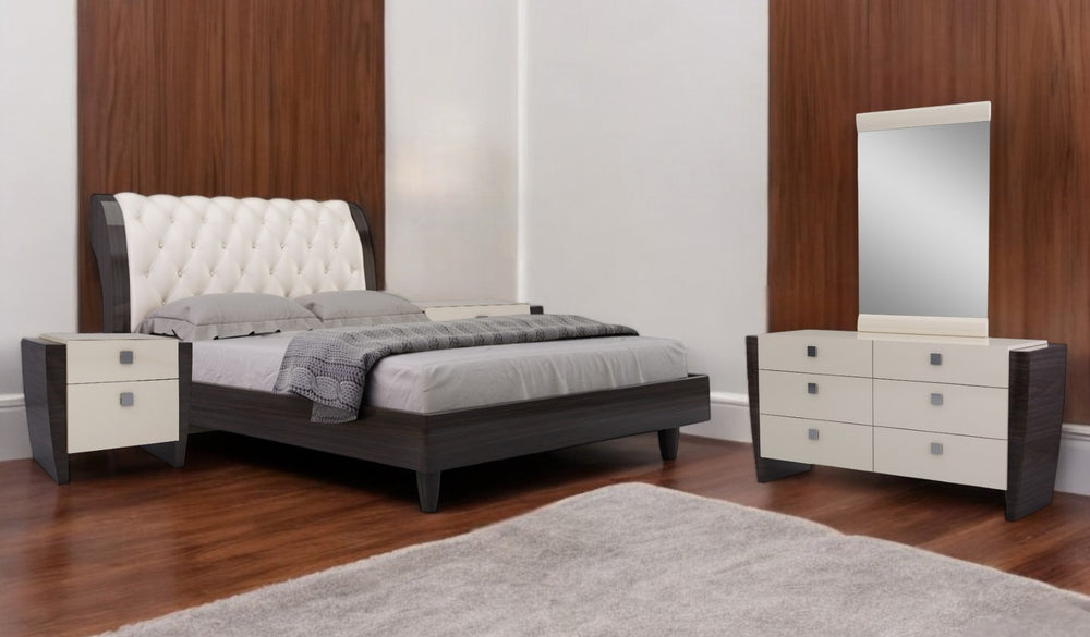 HomeRoots Four Piece Beige Solid Wood Bedroom Set – Modern Minimalist Style with Ample Storage and Mirror 343985