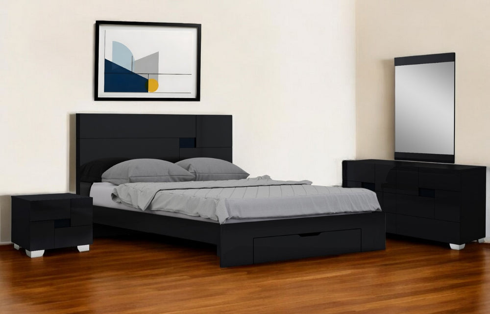 HomeRoots Four Piece Black Solid Wood Bedroom Set – Modern Design with Mirror, Storage & Style for Your Home 343987
