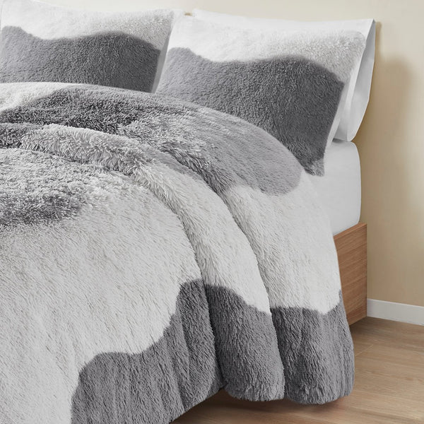 English Elm Twin/Twin Cassie Ombre Shaggy Faux Fur Comforter Set – Tonal Wave Stripes, Reversible Grey, OEKO-TEX B035P148298