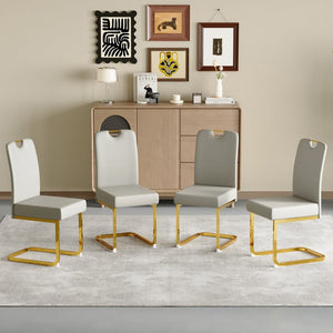 English Elm Modern Cantilever Gold Frame Pu Leather Dining Chairs Glam Set of Four Gray W3875P372988