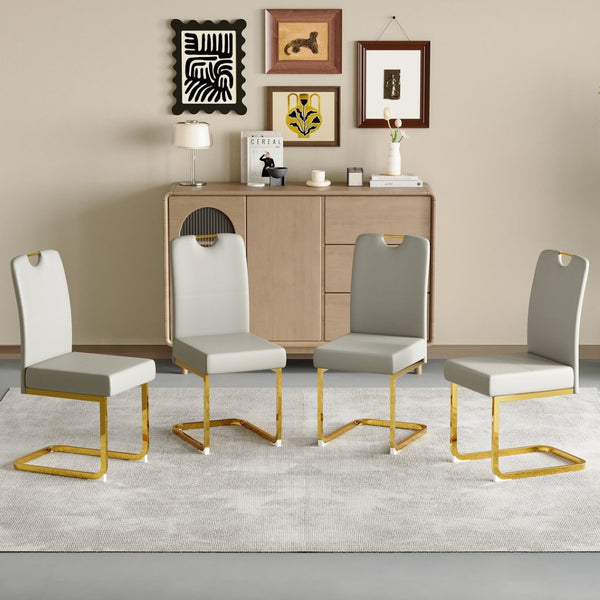 English Elm Modern Cantilever Gold Frame Pu Leather Dining Chairs Glam Set of Four Gray W3875P372988