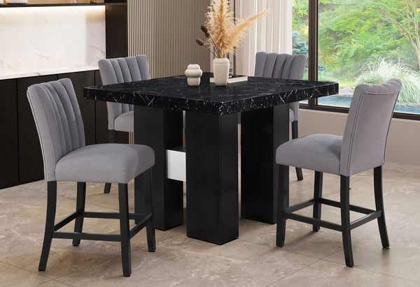 English Elm MIKHA Solid Wood Black Bar Table with Extra-Thick Top, Double Pedestal Base & Silver Connectors B201S00093