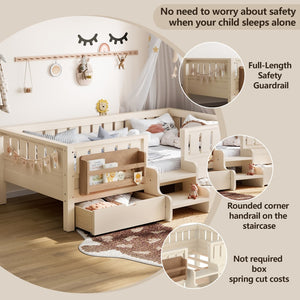 English Elm Twin Kids Storage Bed with Bookshelf Headboard Safety Staircase and Under Drawers Beige W1580P379183