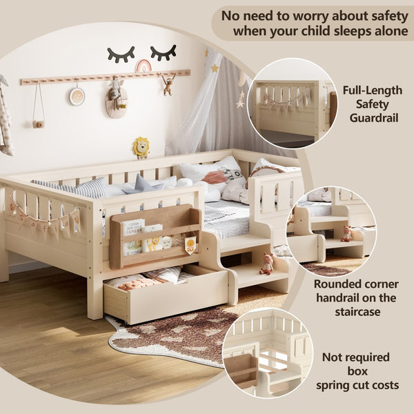 English Elm Twin Kids Storage Bed with Bookshelf Headboard Safety Staircase and Under Drawers Beige W1580P379183