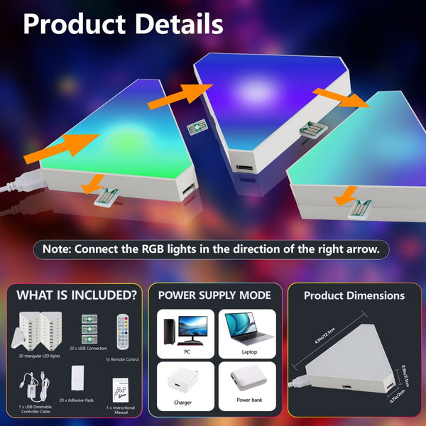 English Elm 20-pack Triangular Rgb Led Wall Panels Modular Music Sync Smart App Gaming Room Lights W2312P466897