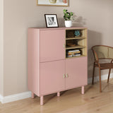 Hearth and Haven Hike Cabinet with 3 Open Storages, 3 Doors and Leather Handles, Pink W1781P148613