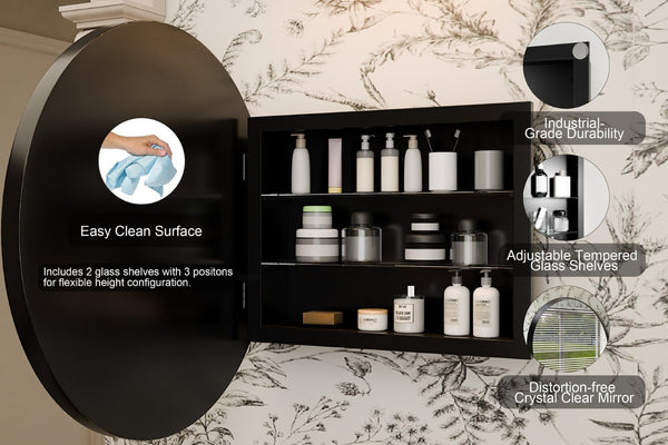 English Elm 23.6 Inch Round Matte Metal Medicine Cabinet with Mirrored Door and Adjustable Shelves Black W1435P312263