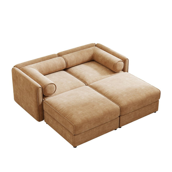 English Elm Stylish Camel Chenille 2-Seater Sofa With Hidden Storage, Modern Design, Ergonomic Comfort & Ottomans W714S01226-GIGA