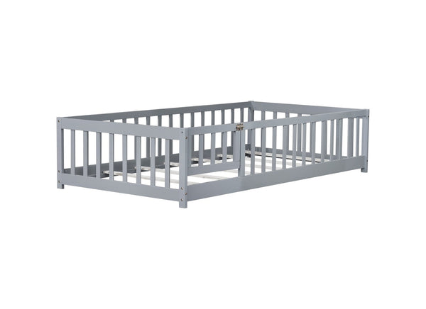 English Elm Twin Solid Rubberwood Floor Bed with Full Perimeter Safety Rails for Toddler Rooms Grey W504P296776