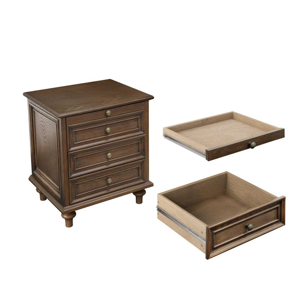 English Elm Farmhouse Nightstand Pine Wood Four Drawer Storage with Pull Out Tray Gourd Legs Walnut Brown W1716P399633