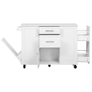 English Elm K&K Vintage Convex Kitchen Island Cart with Faux Marble Top, Tilt Trash, Pull-Out Organizer, Wheels White N707P299008W