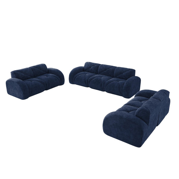 English Elm 3 Piece Velvet Cloud Sofa Set Tufted Plush Living Room Modular Seating Collection Blue W714S01645
